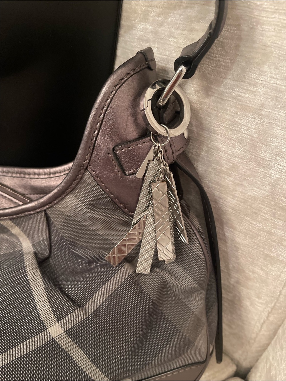 Burberry Charcoal Plaid Shoulder Hobo Bag - Picture 2 of 11